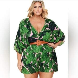NWT L'atiste women's green pink tropical palm print Dorman sleeve Rompers Sz L